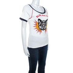 Gucci White Cotton Cat Applique Detail Blind For Love T-shirt S