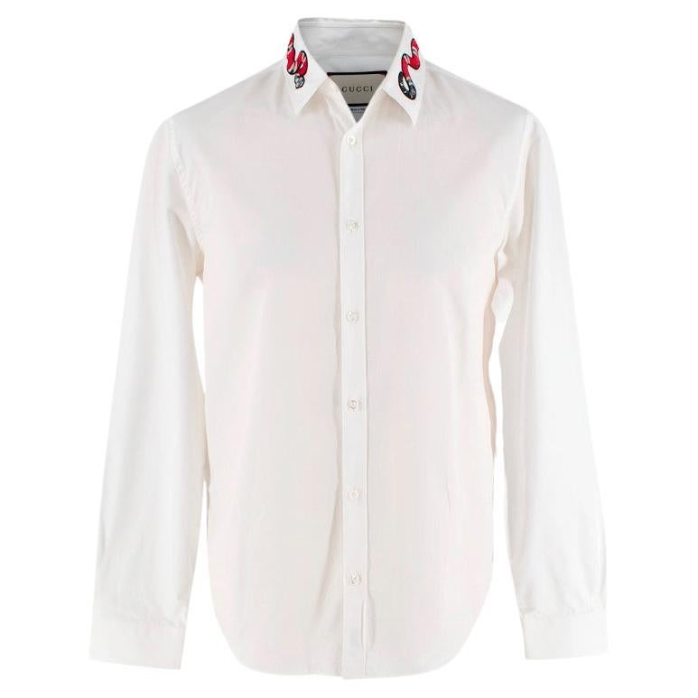 Gucci White Cotton Poplin Snake Embroidered Collar Shirt For Sale
