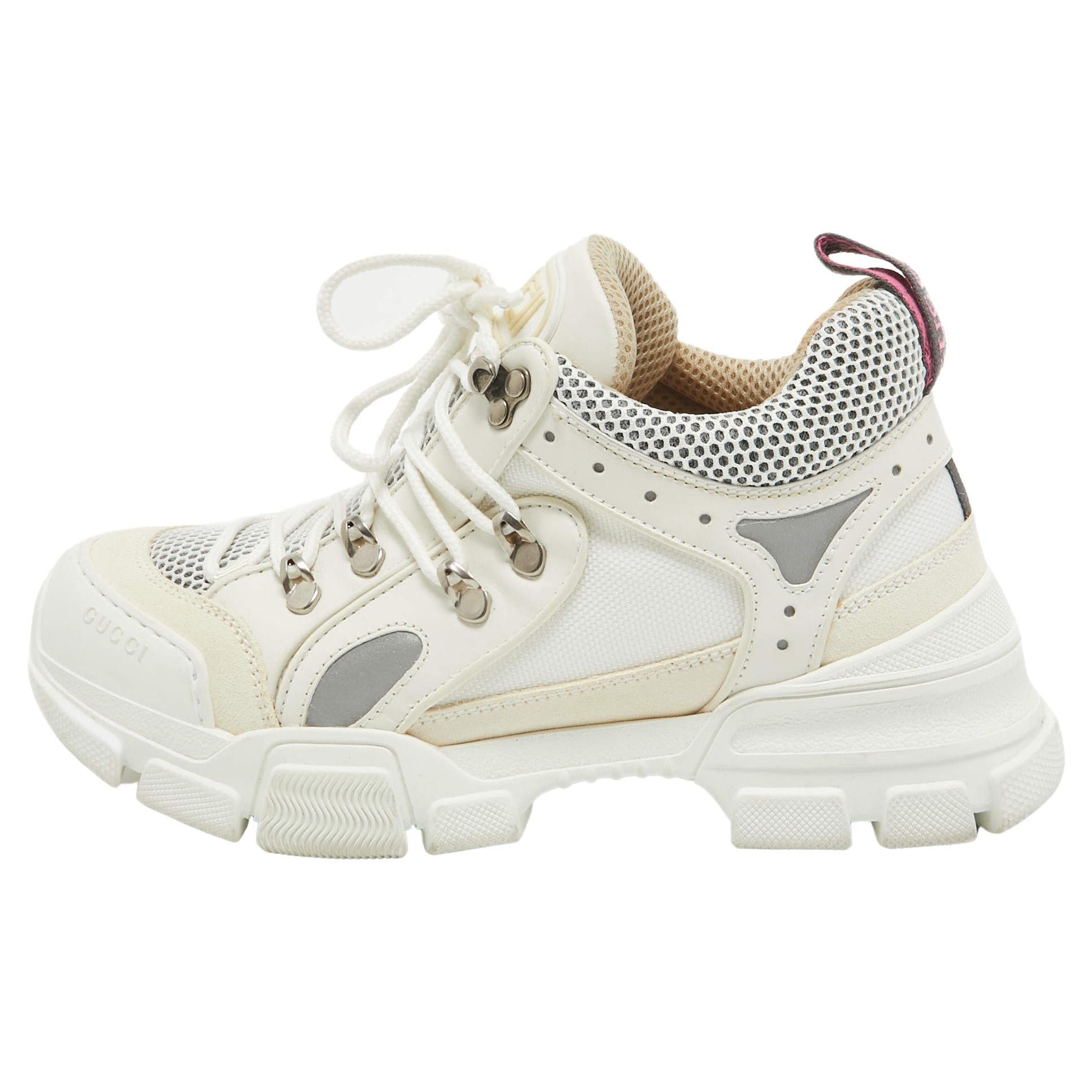 Gucci White/Cream Canvas Leather Flashtrek Sneakers Size 39.5 For Sale