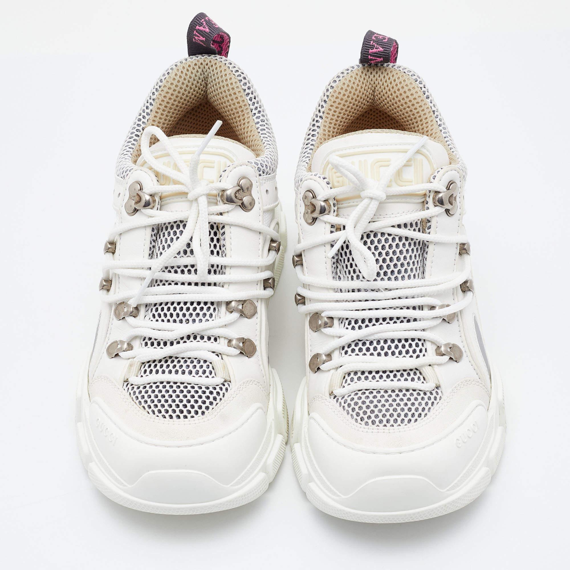 Inspired by hiking, the Gucci Flashtrek sneakers are a stylish take on the chunky shoe trend. Mounted atop a thick sole, these kicks are constructed from leather & mesh and accented with the label’s SEGA-inspired logo on the tongues. These kicks are