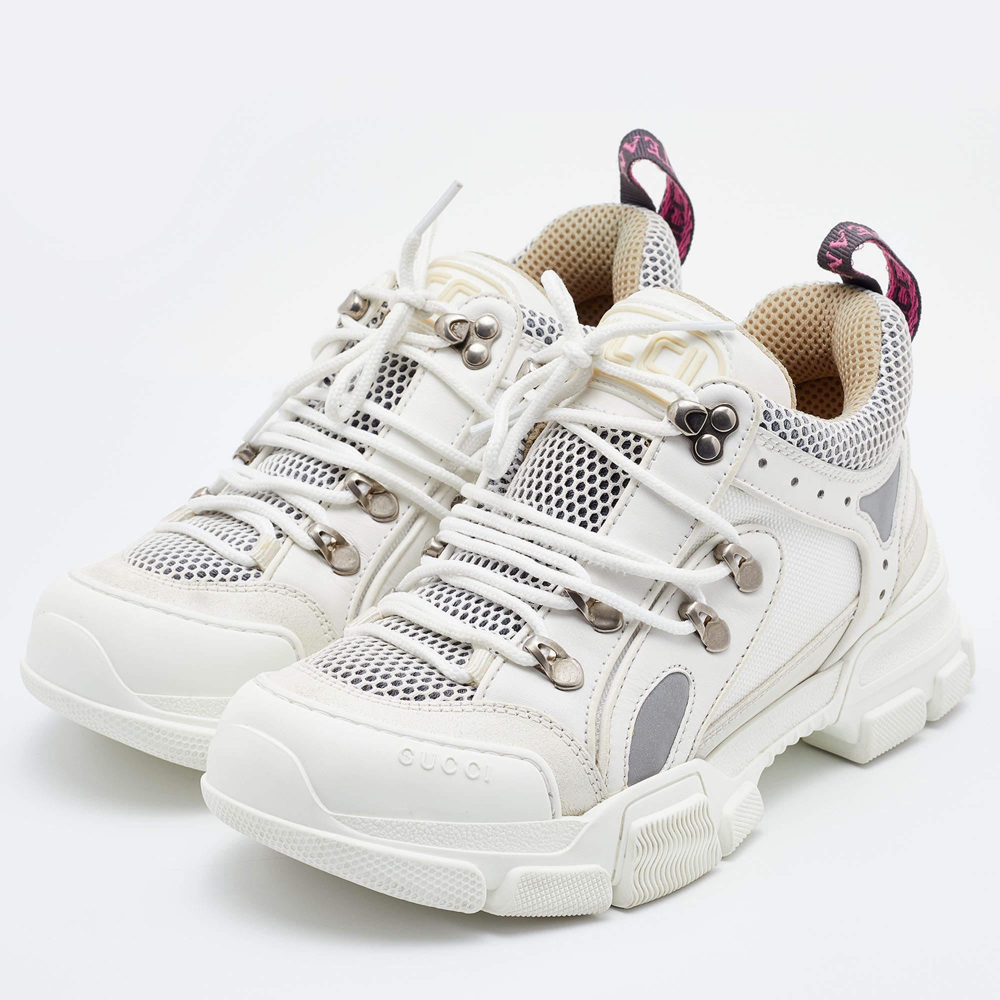 Women's Gucci White/Cream Mesh and Leather Flashtrek Sneakers Size 37