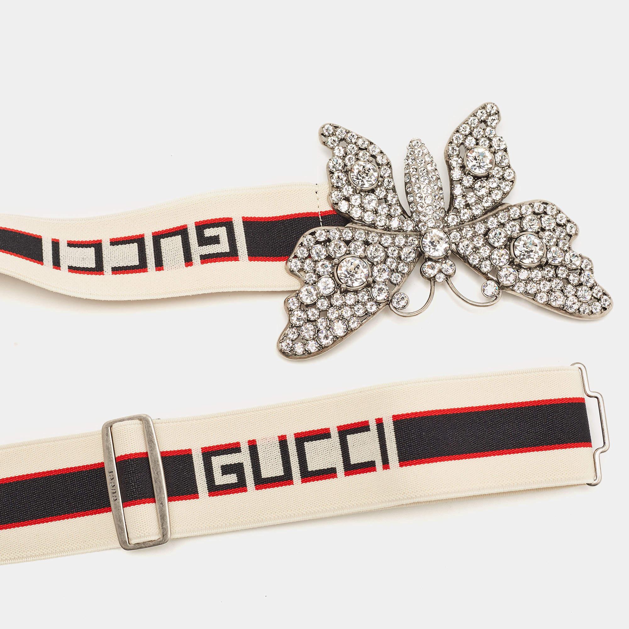 Women's Gucci White Elastic Band Crystals Embellished Butterfly Waist Belt 80CM