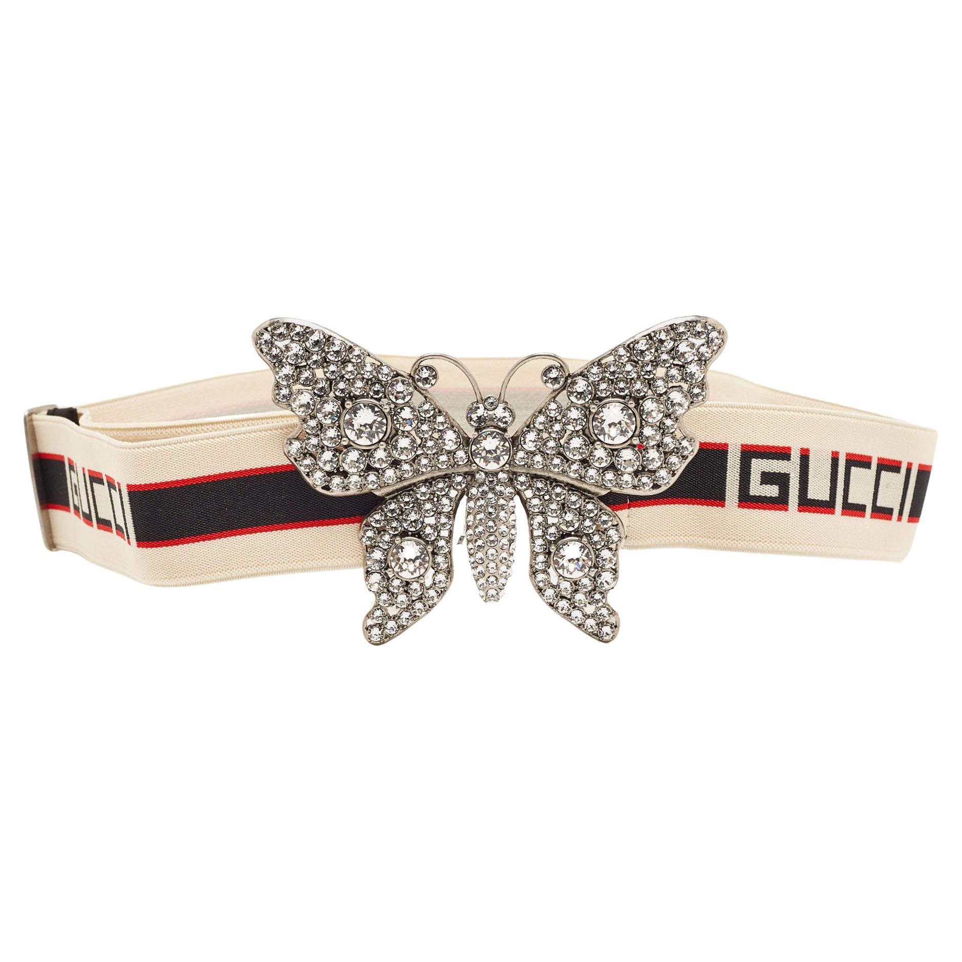Gucci White Elastic Band Crystals Embellished Butterfly Waist Belt 80CM