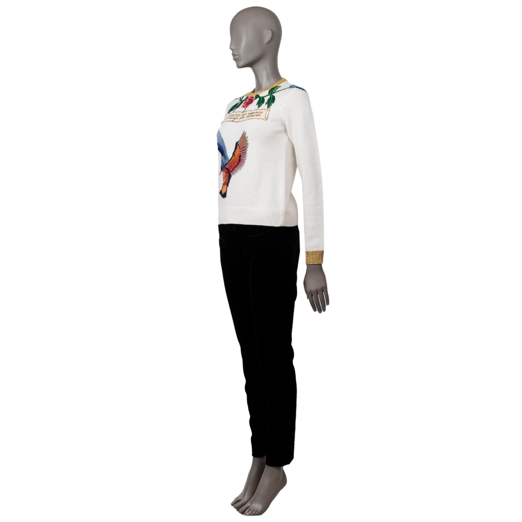 Gucci 'L'Aveugle Par Amour' sweater in off-white wool blend (assumed as tag is missing). With multi-color hummingbird and flower embroidery, lurex ribbed neck and cuffs, and crew neck. Has been worn and is in excellent condition. 

Tag Size Missing