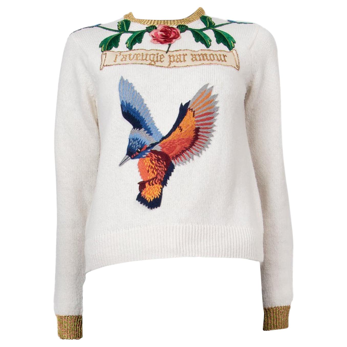 GUCCI white EMBROIDERED L'AVEUGLE PAR AROUR HUMMINGBIRD Sweater S