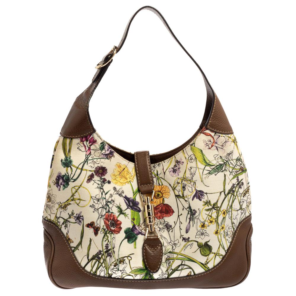 Gucci White Flora Canvas and Leather Medium Jackie O Hobo