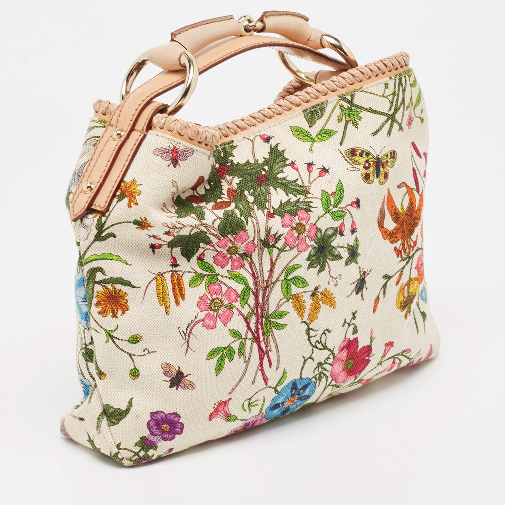 Women's Gucci White Flora Canvas and Leather Small Horsebit Hobo