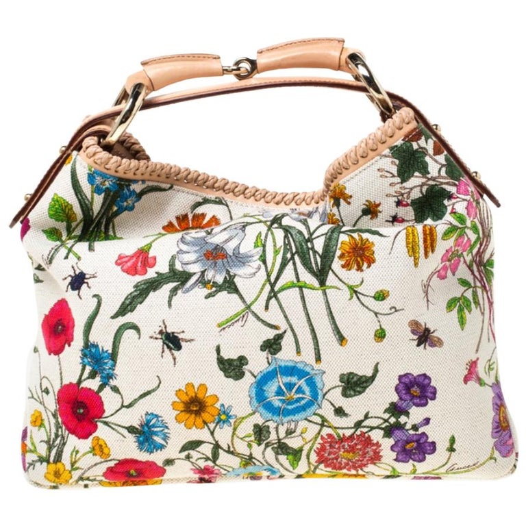 Gucci White Flora Canvas and Leather Small Horsebit Hobo For Sale at ...