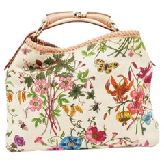 Gucci White Flora Canvas and Leather Small Horsebit Hobo