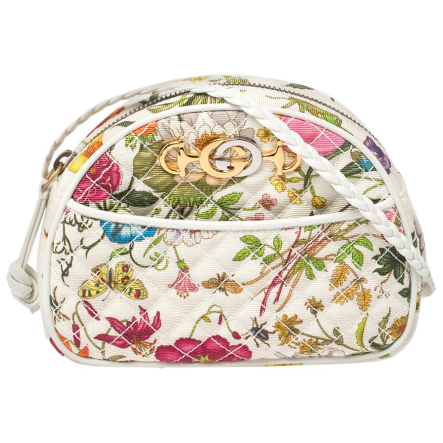Gucci White Flora Quilted Canvas Trapuntata Crossbody Bag