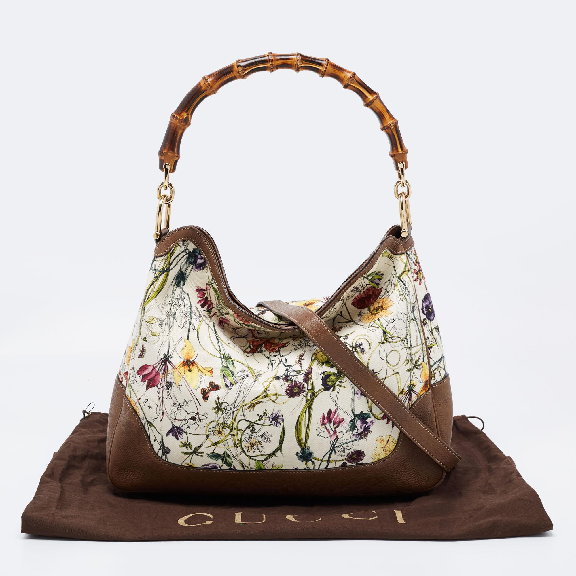 Gucci White Floral Canvas and Leather Peggy Bamboo Handle Hobo 7