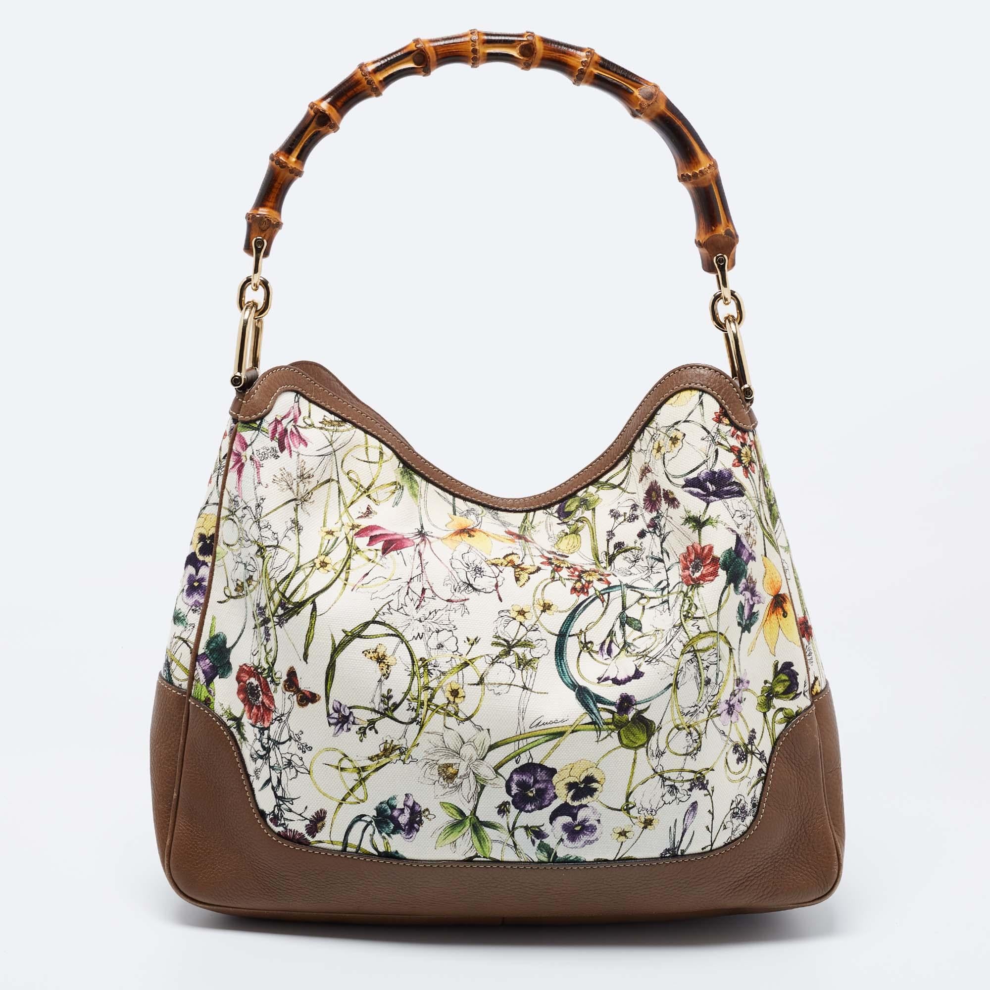 Women's Gucci White Floral Canvas and Leather Peggy Bamboo Handle Hobo