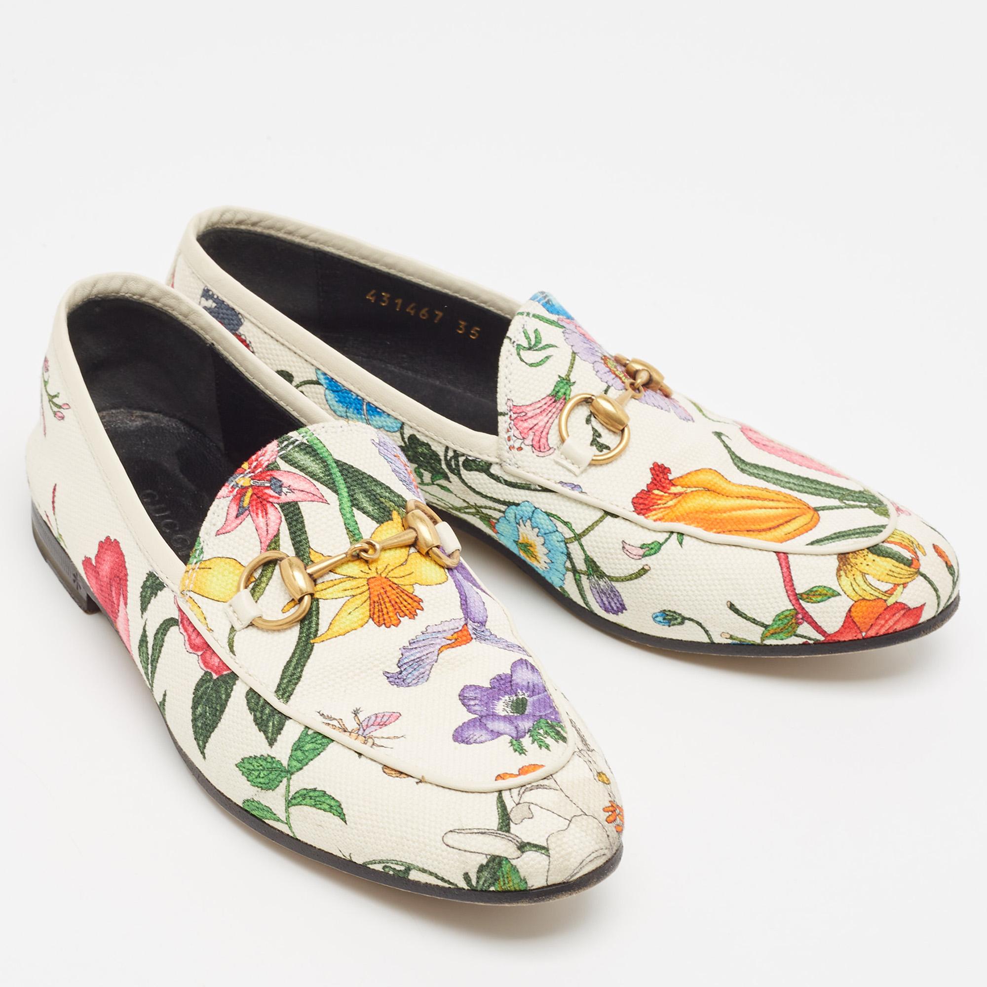 Gucci White Floral Canvas Jordaan Horsebit Slip On Loafers Size 35 For Sale 1