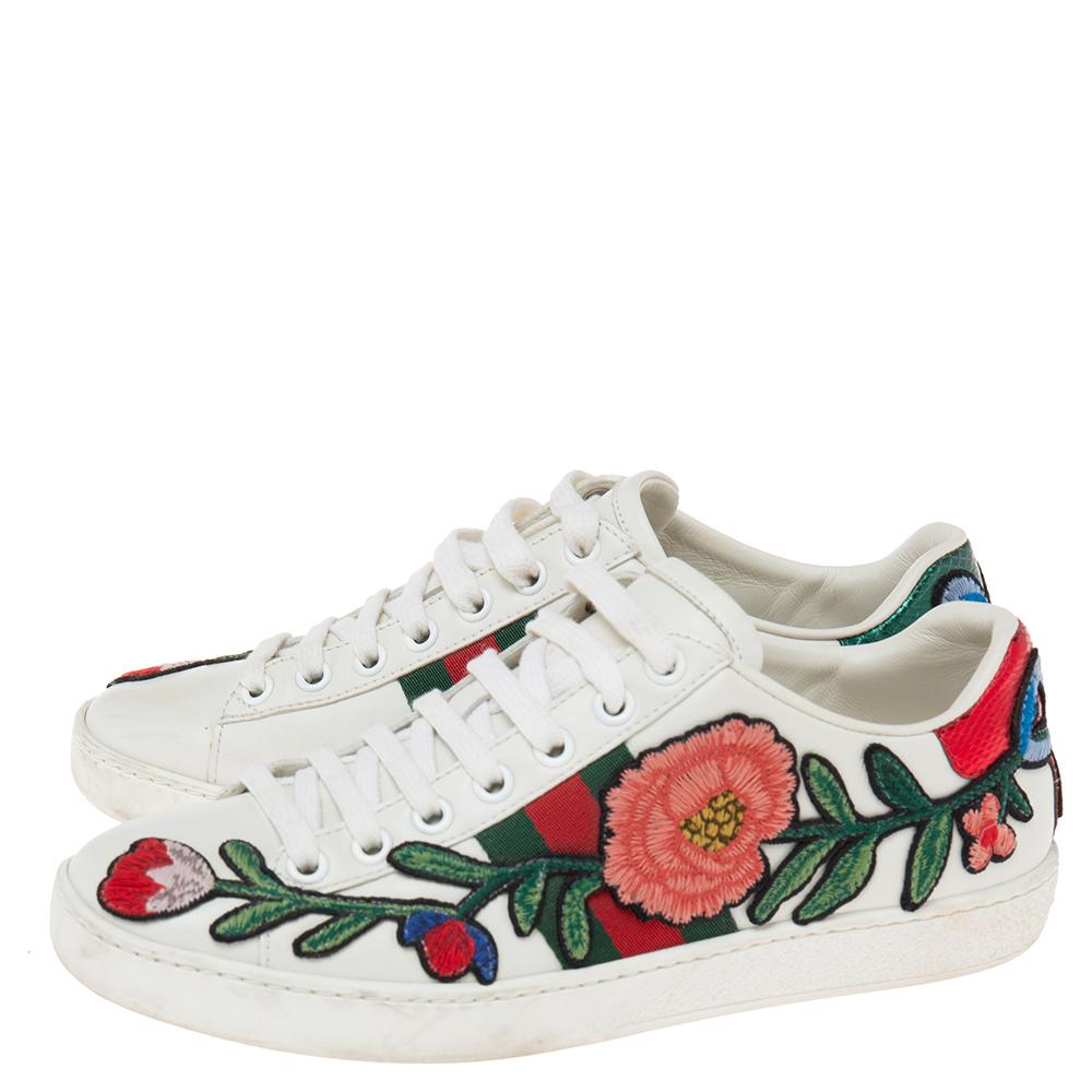 Gucci White Floral Embroidered Leather Ace Low Top Sneakers Size 35