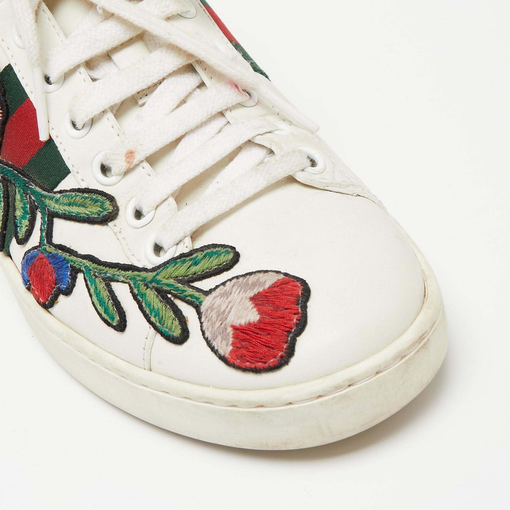 Gucci White Floral Embroidered Leather Ace Low Top Sneakers Size 36.5 1