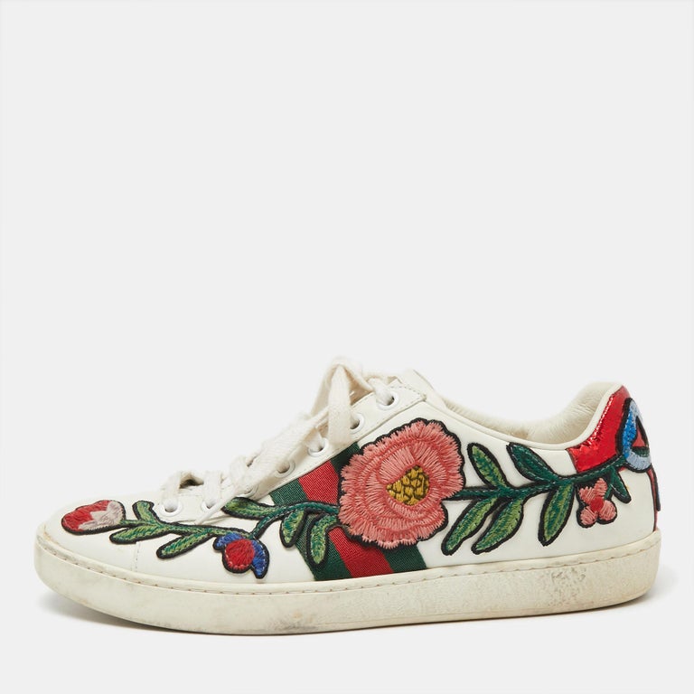 Gucci White Floral Embroidered Leather Ace Low Top Sneakers Size 36.5 at  1stDibs