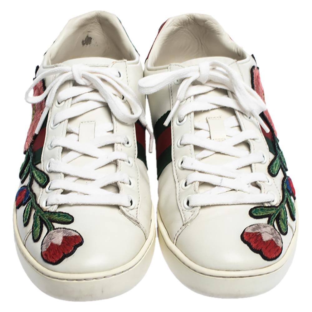 Gray Gucci White Floral Embroidered Leather Ace Low Top Sneakers Size 37