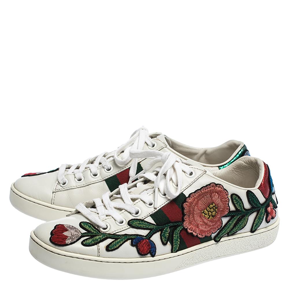 Women's Gucci White Floral Embroidered Leather Ace Low Top Sneakers Size 37