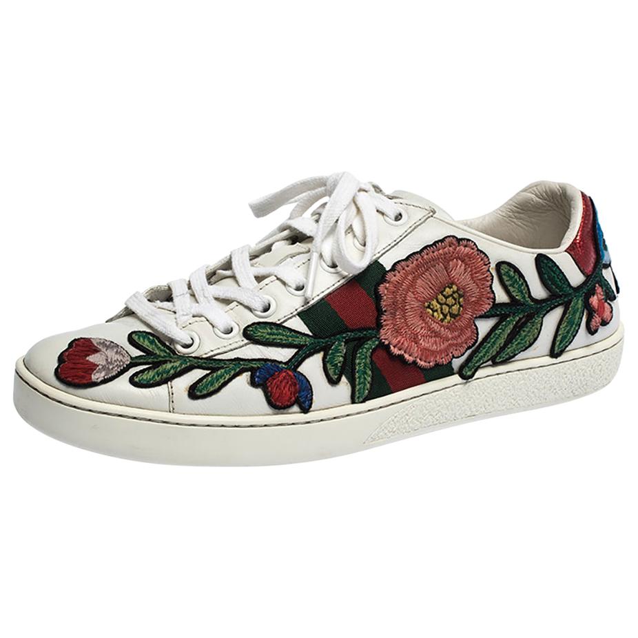 Gucci White Floral Embroidered Leather Ace Low Top Sneakers Size 37 at ...