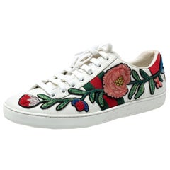 Gucci White Floral Embroidered Leather Ace Low Top Sneakers Size 37.5