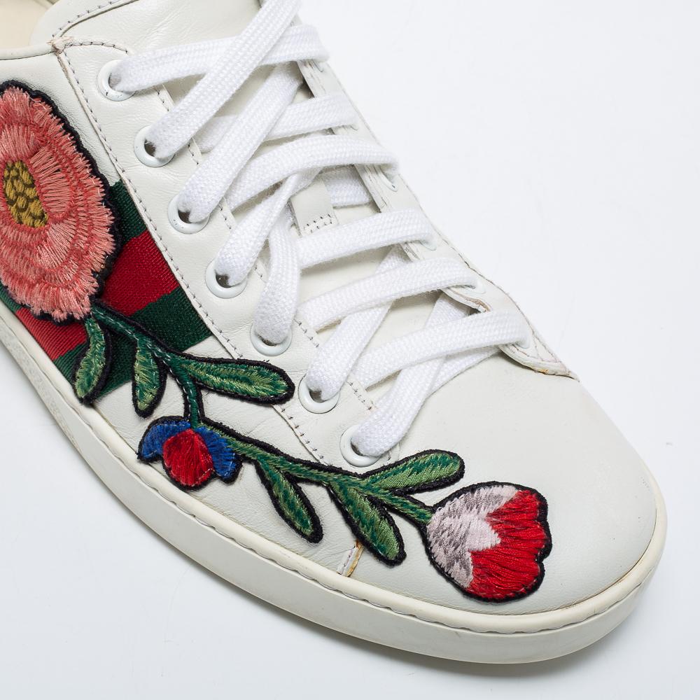 Women's Gucci White Floral Embroidered Leather Ace Low-Top Sneakers Size 38