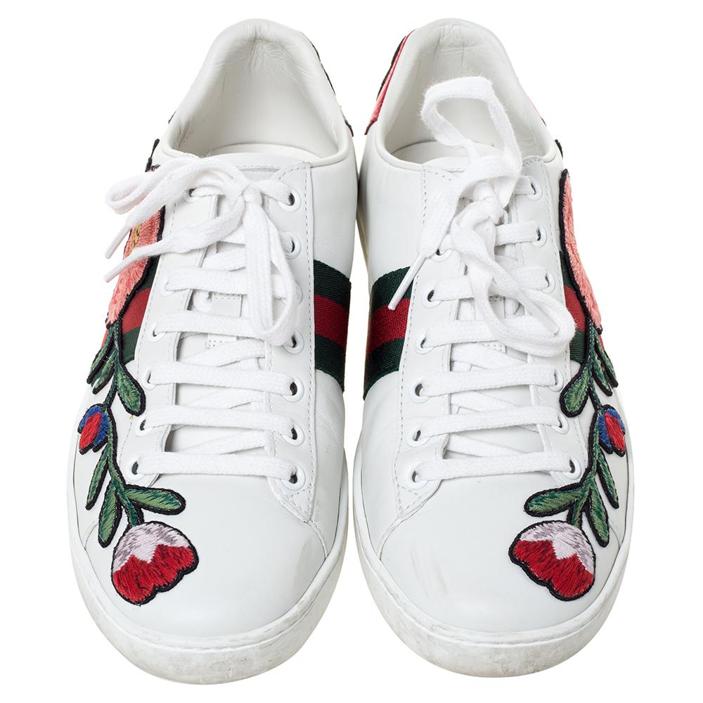 Gray Gucci White Floral Embroidered Leather Ace Low Top Sneakers Size 38.5