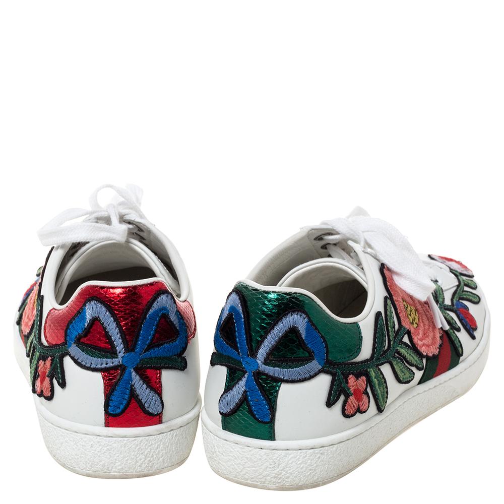 Gucci White Floral Embroidered Leather Ace Low Top Sneakers Size 38.5 1