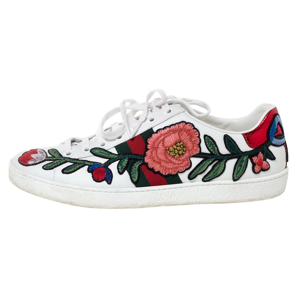 Gucci White Floral Embroidered Leather Ace Low Top Sneakers Size 38.5