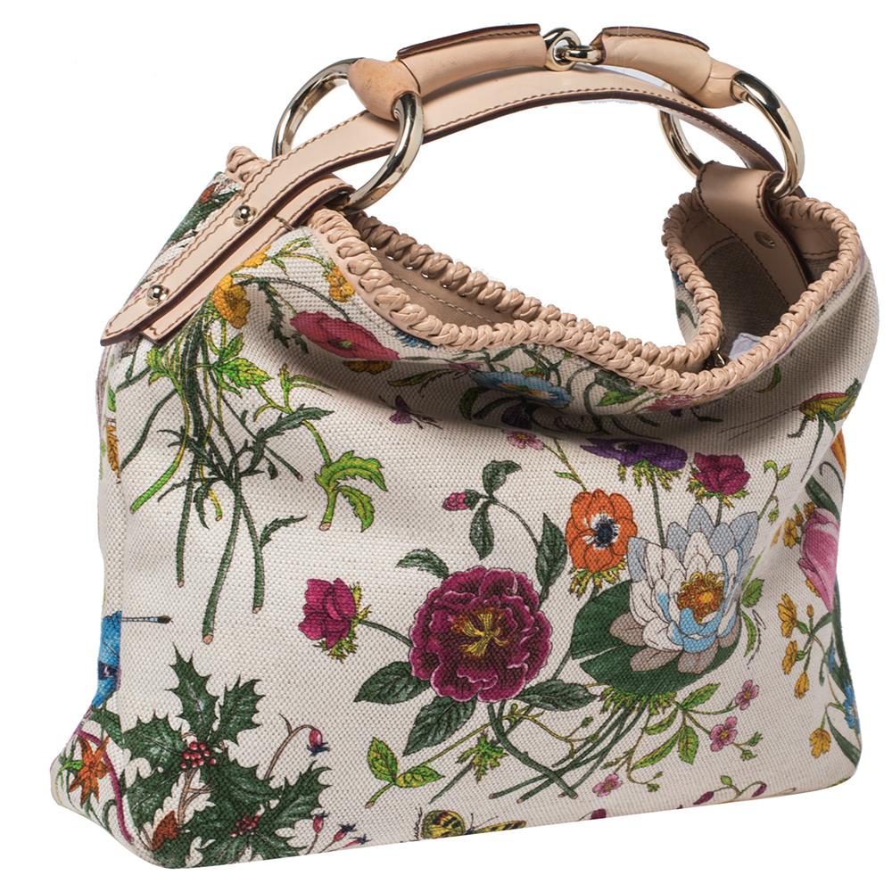 Brown Gucci White Floral Print Canvas and Leather Small Horsebit Hobo