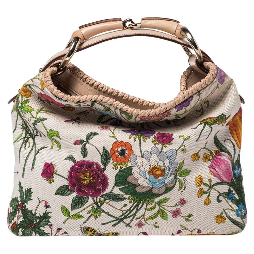 Gucci White Floral Print Canvas and Leather Small Horsebit Hobo