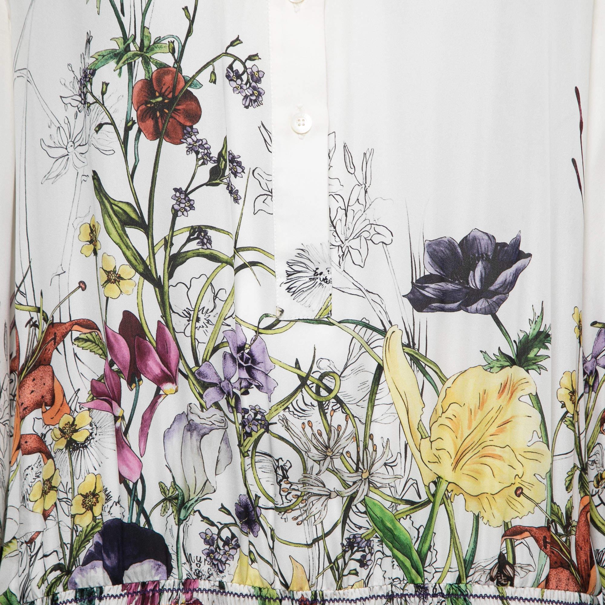 Gucci White Floral Printed Silk Drop Waist Shirt Dress M In Good Condition In Dubai, Al Qouz 2