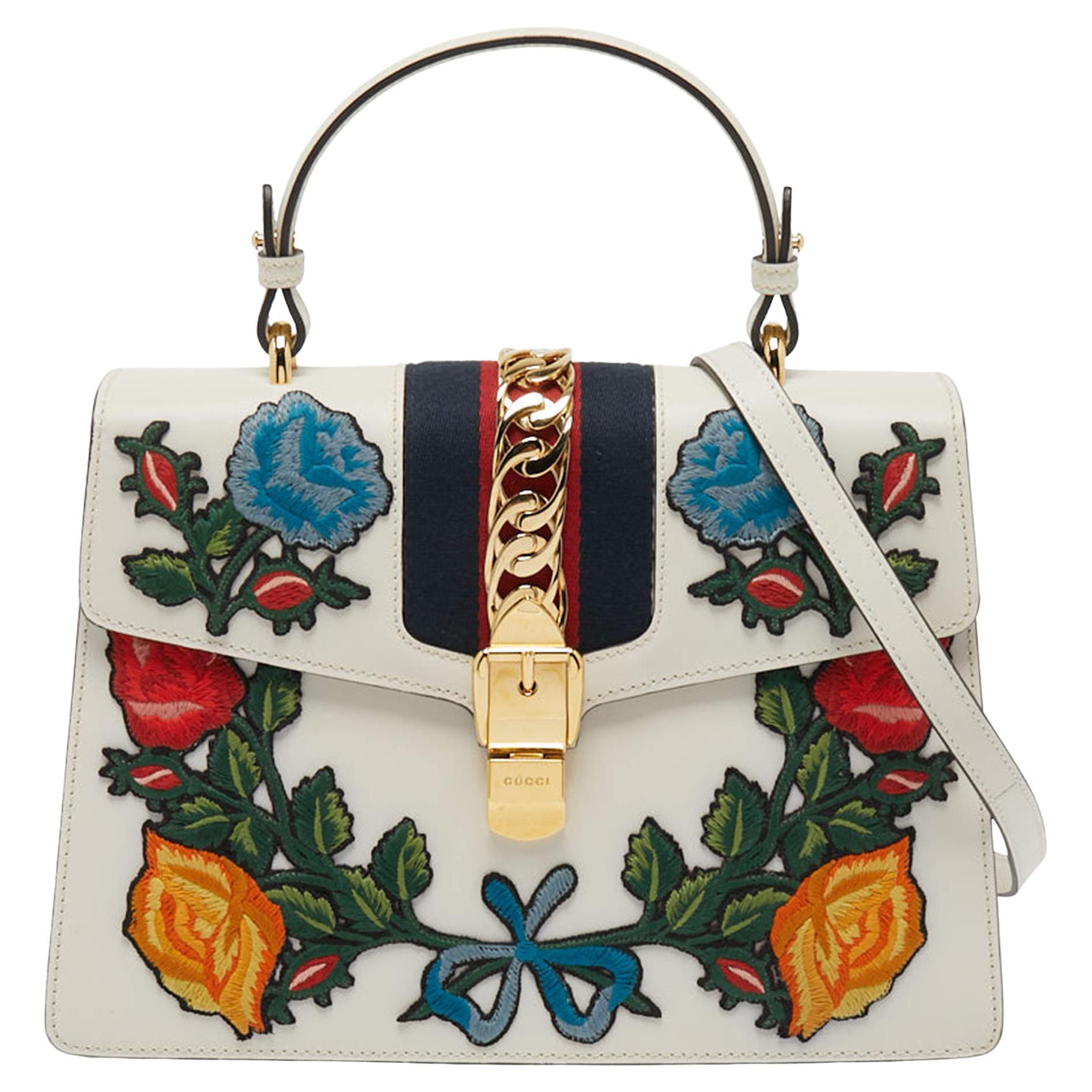 Gucci White Floral Sequins Patch Leather Medium Sylvie Top Handle Bag