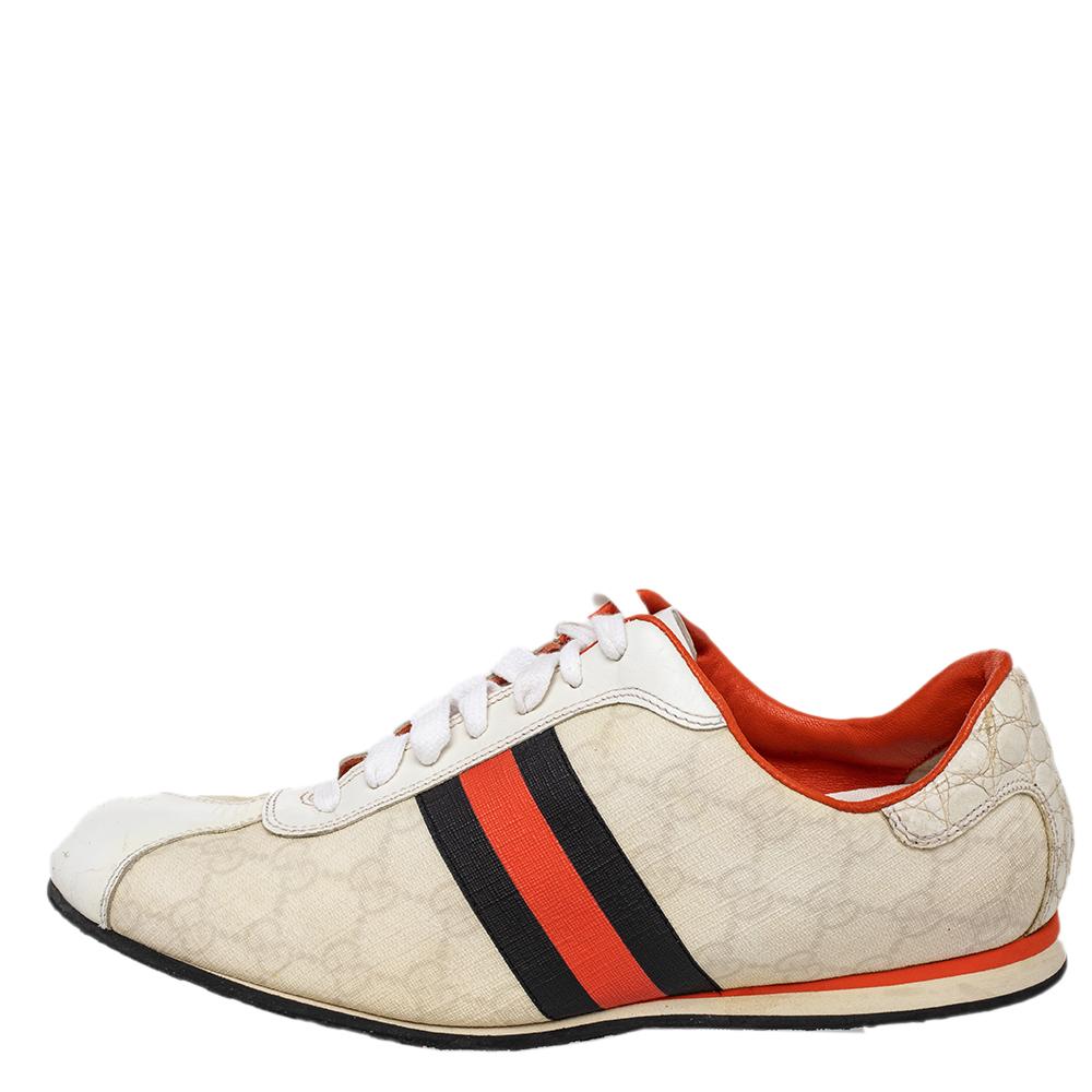 De las mujeres Gucci blanco GG recubierto de lona y cuero Web Zapatillas de deporte de baja altura Tamaño 39.5
