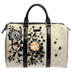 Gucci Joy Boston Tasche, weiß GG beschichtetes Segeltuch mit Blumenapplikation