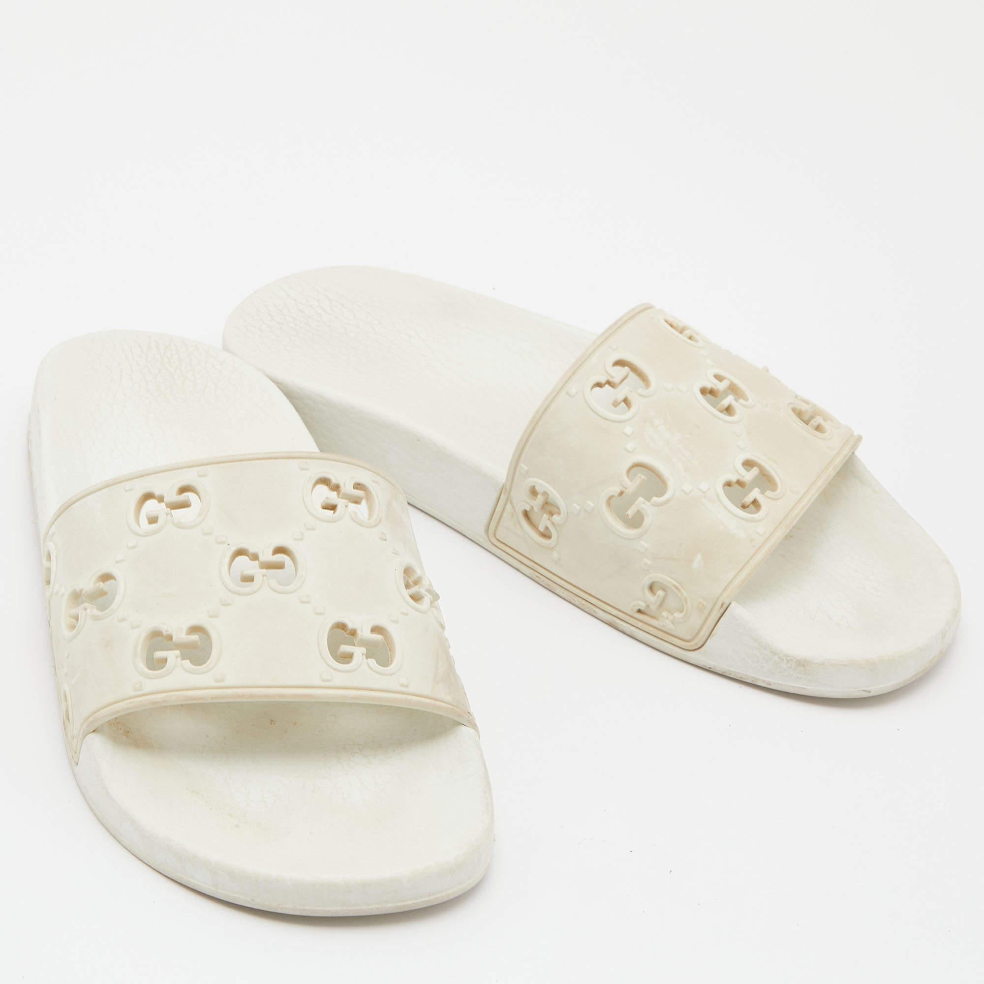 Women's Gucci White GG Laser Cut Rubber Slides Size 38