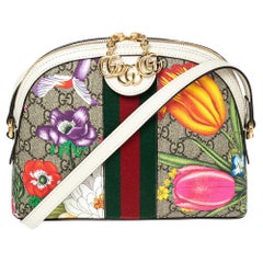 Gucci White GG Supreme Canvas and Leather Small GG Ophidia Floral Shoulder Bag