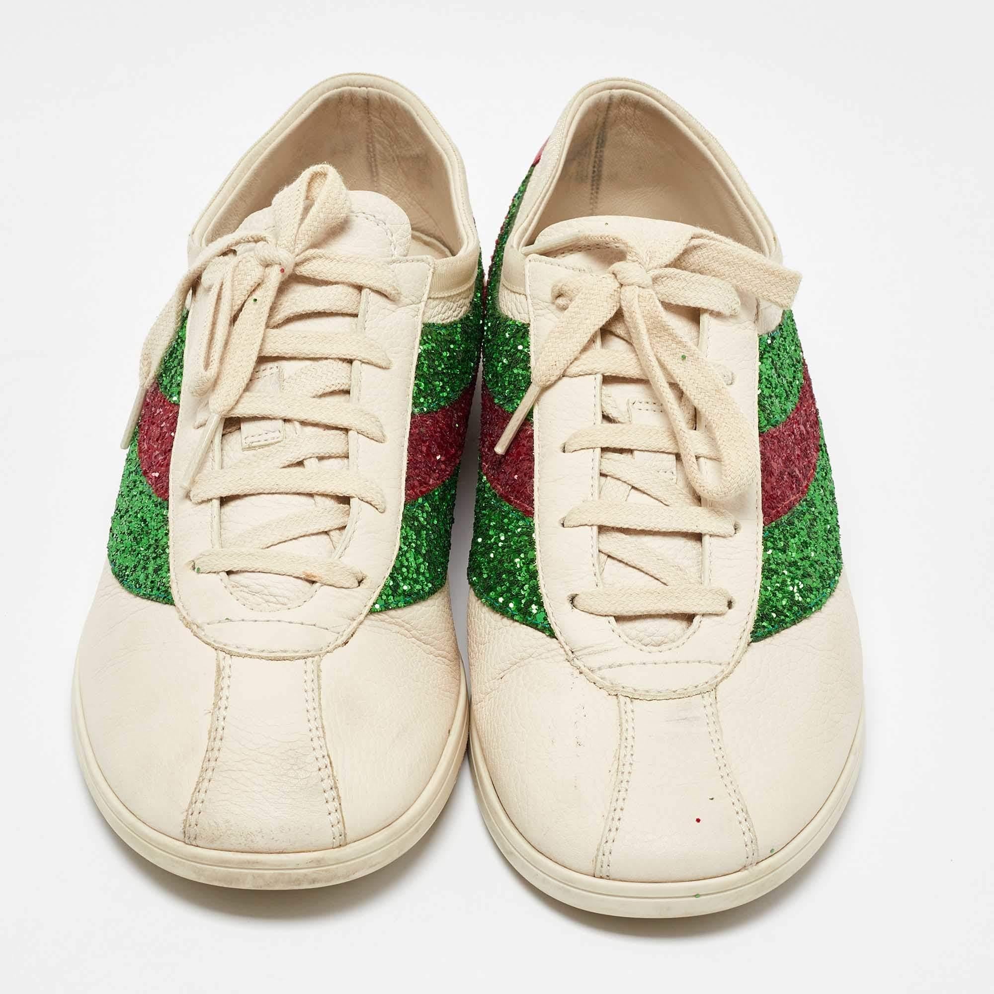 Blanc Gucci Baskets Falacer à lacets en cuir et paillettes blanches, taille 43 en vente