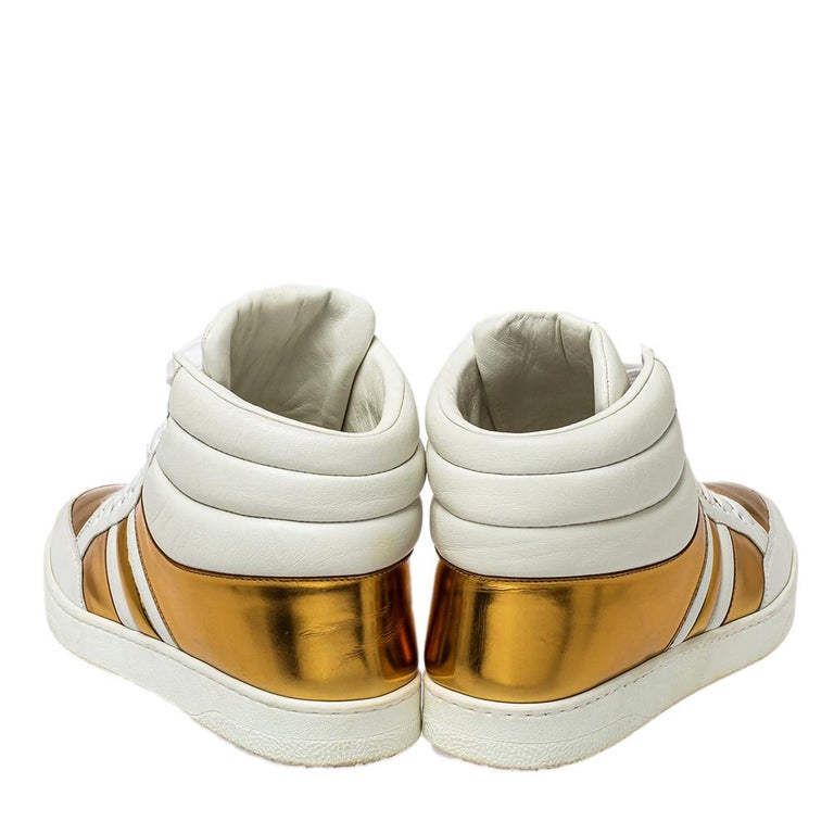Gucci White/Gold Leather Lace Up High Top Sneakers Size at