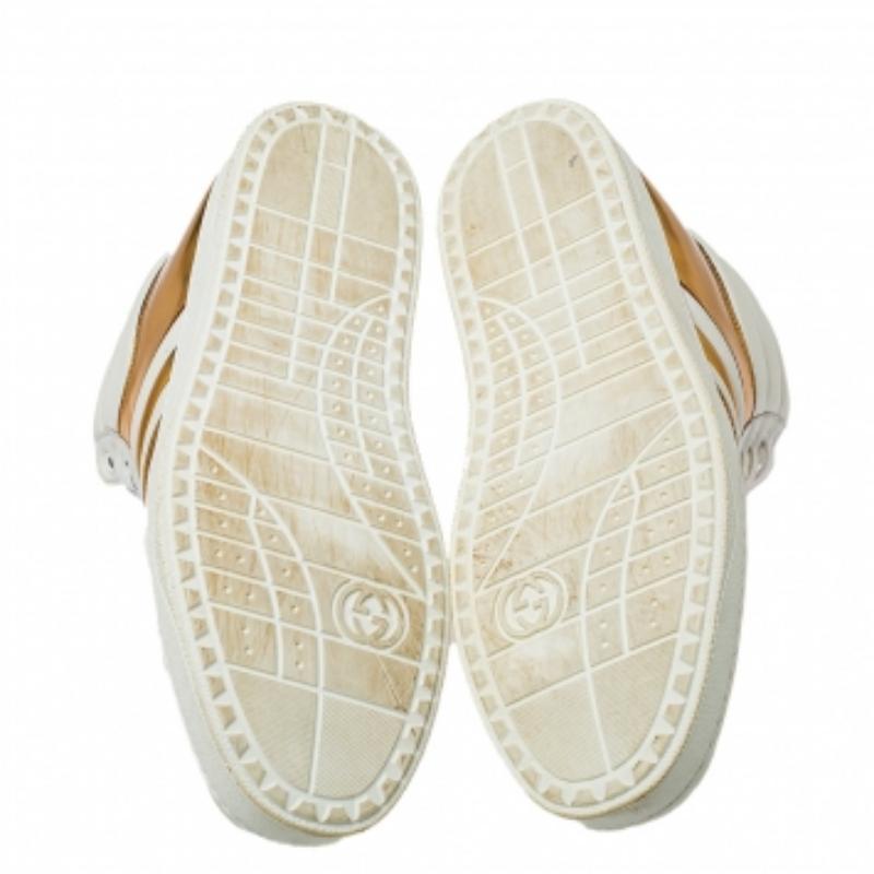 Men's Gucci White/Gold Leather Lace Up High Top Sneakers Size 43.5 For Sale