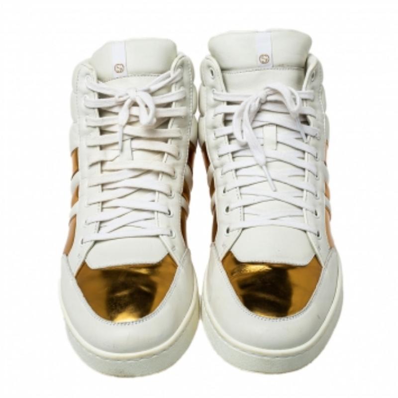 Gucci White/Gold Leather Lace Up High Top Sneakers Size 43.5 For Sale 2