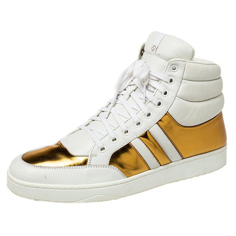 Gucci White/Gold Leather Lace Up High Top Sneakers Size 43.5 at