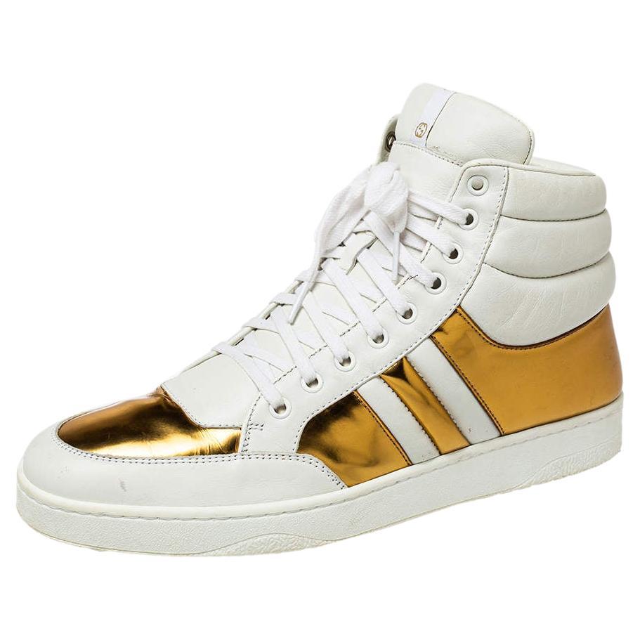 Gucci White/Gold Leather Lace Up High Top Sneakers Size 43.5 For Sale