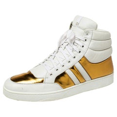 Used Gucci White/Gold Leather Lace Up High Top Sneakers Size 43.5