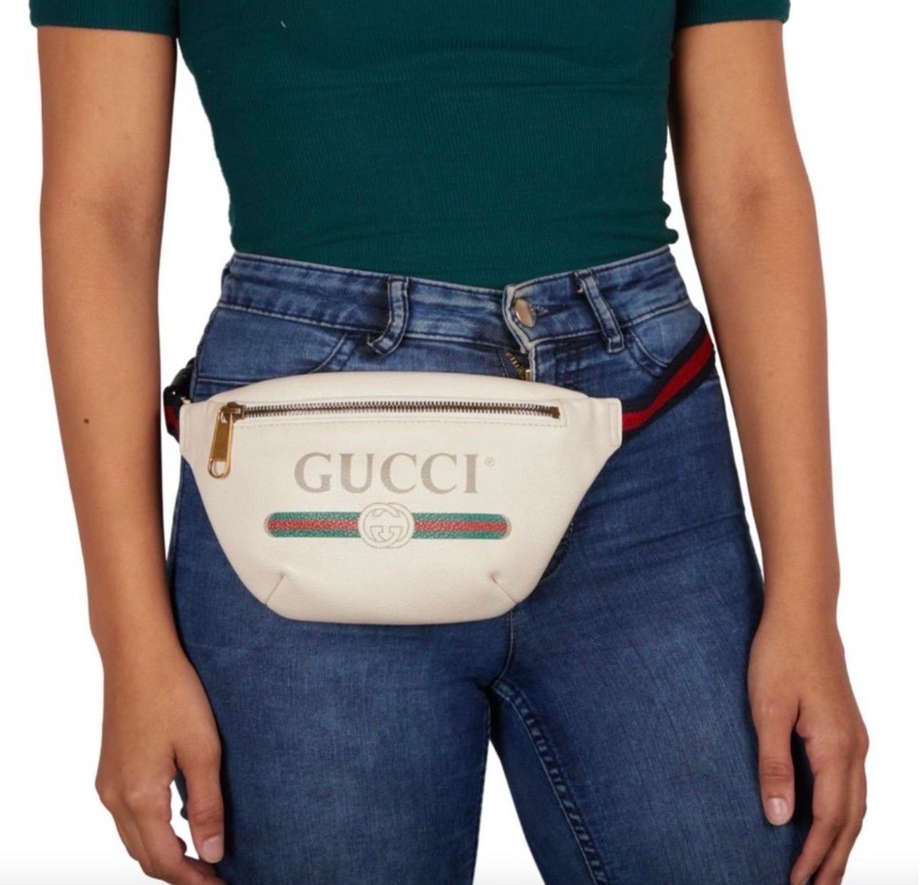 Gucci White Graind Calf Skin Leather Logo crossbody bag, Logo Belt Bag 1