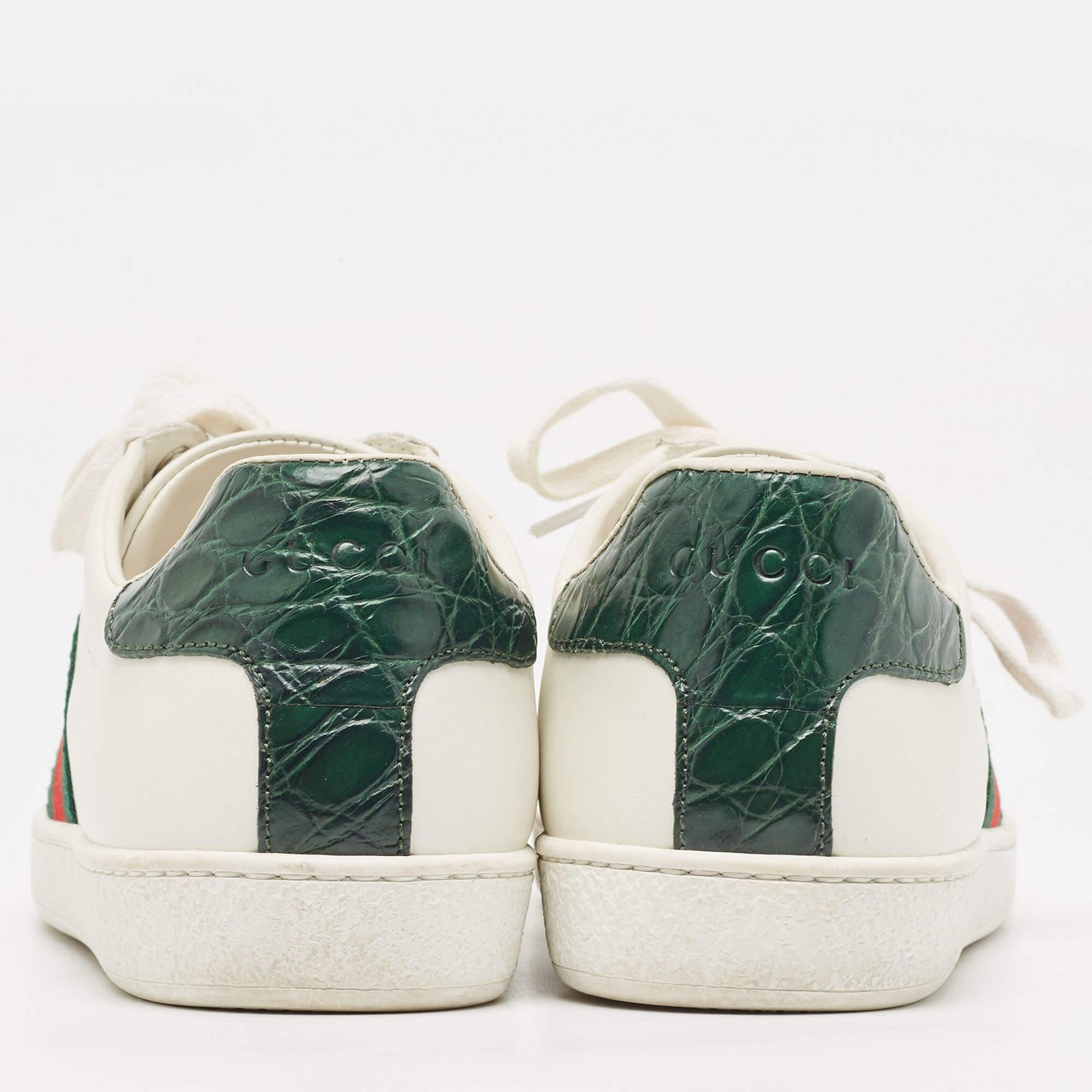 Women's Gucci White/Green Cro Embossed and Leather Ace Sneakers Size 38 For Sale