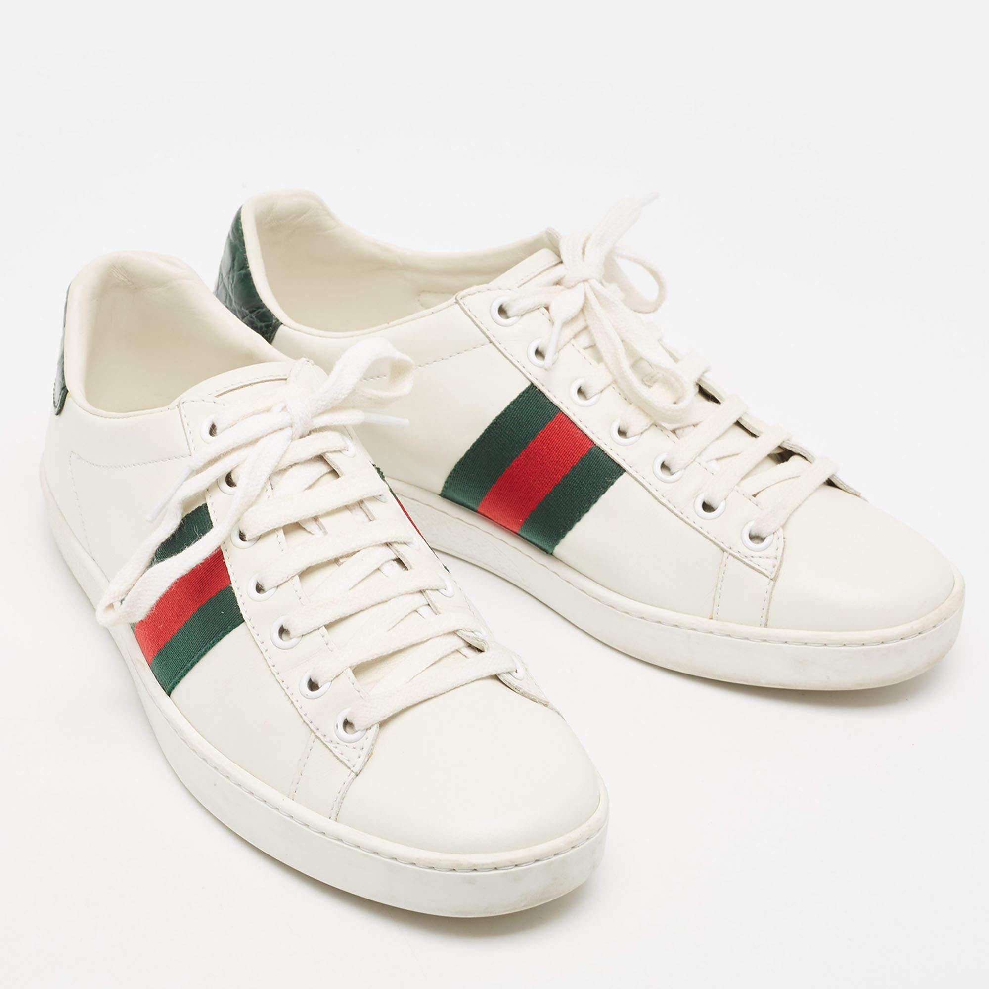 Gucci White/Green Cro Embossed and Leather Ace Sneakers Size 38 For Sale 2