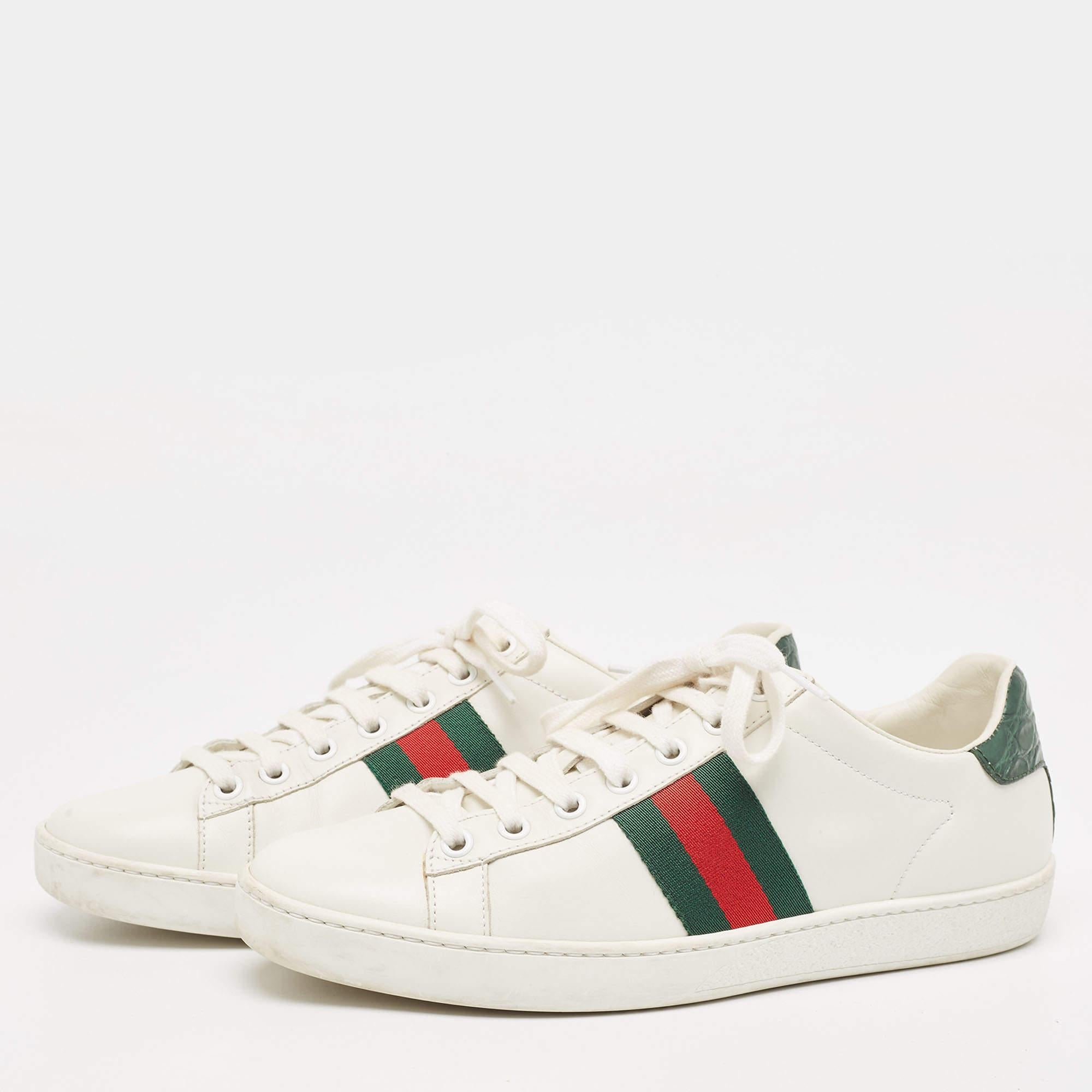 Gucci White/Green Cro Embossed and Leather Ace Sneakers Size 38 For Sale 3