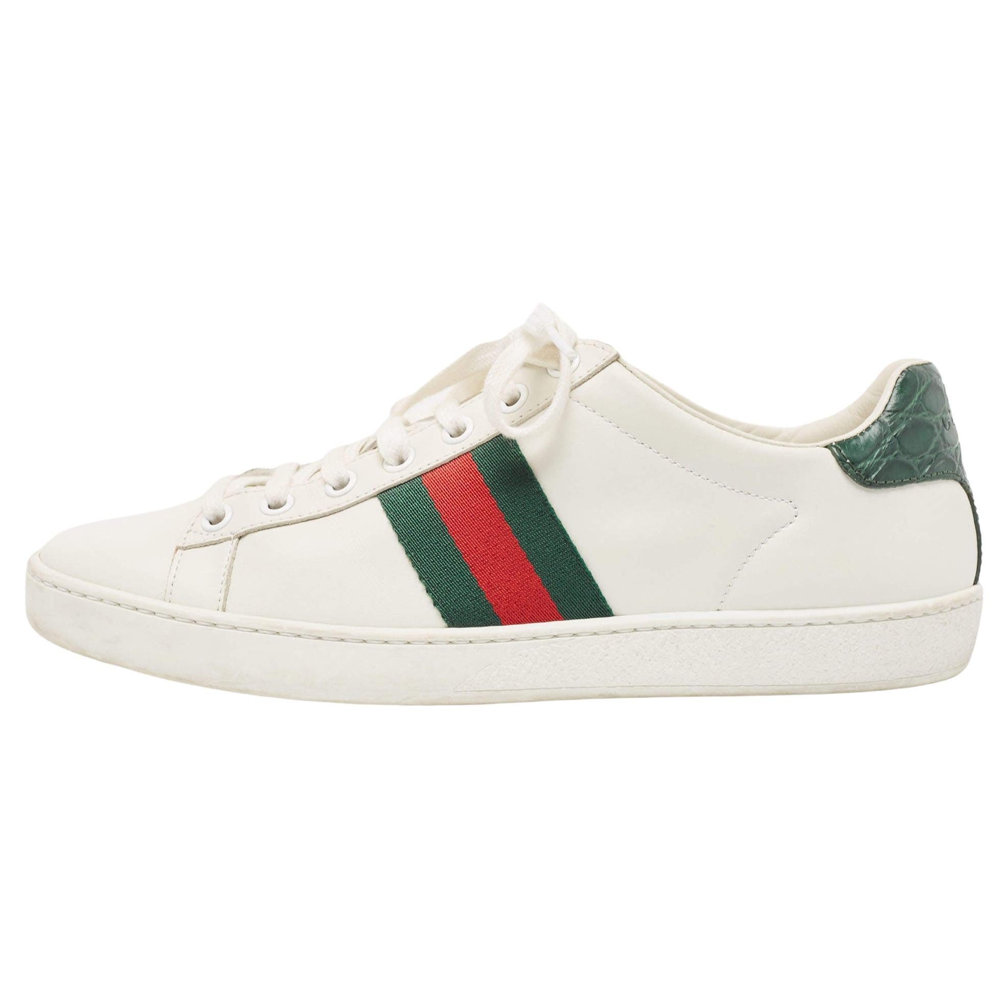 Gucci White/Green Cro Embossed and Leather Ace Sneakers Size 38 For Sale