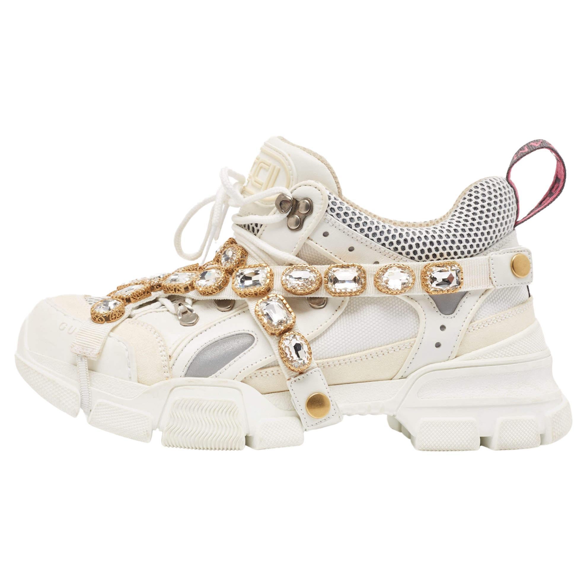 Gucci White/Grey Leather and Mesh Crystal Embellished Flashtrek Sneakers Size 39 For Sale