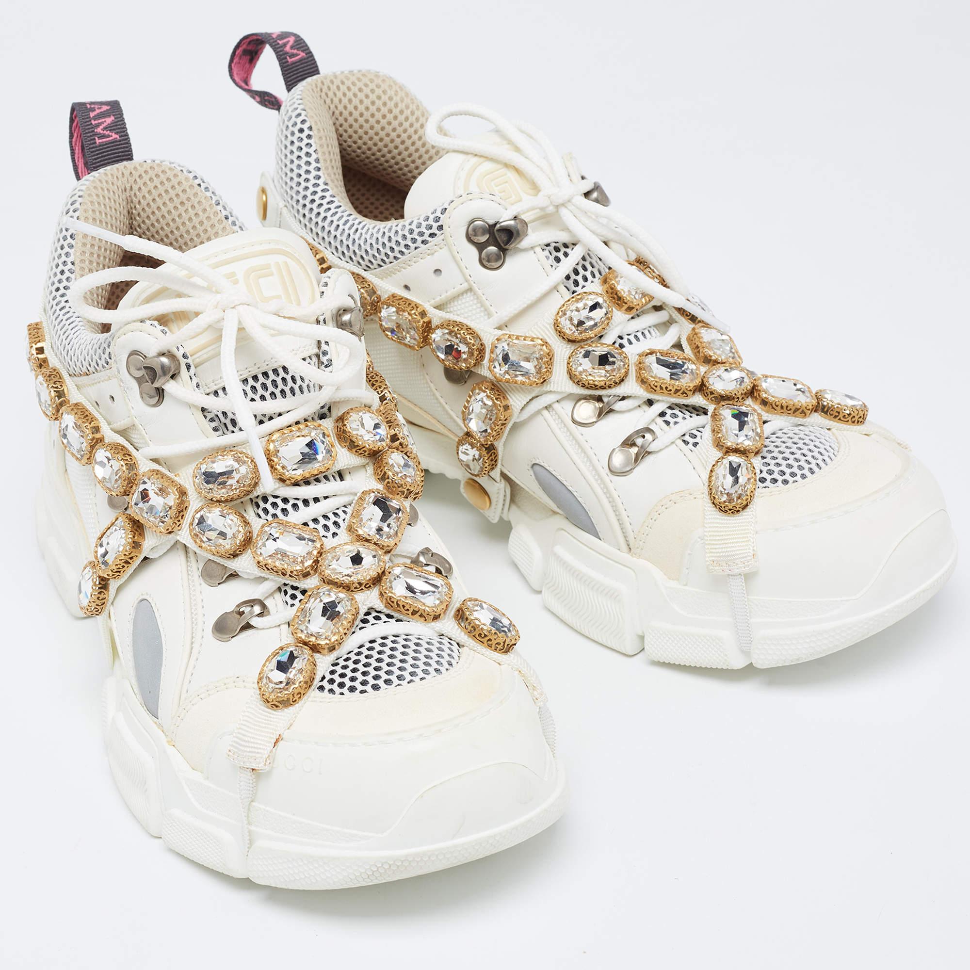 Gucci White/Grey Mesh and Leather Crystal Embellished Flashtrek Sneakers Size 40 For Sale 1